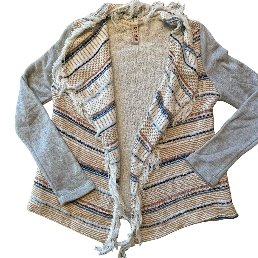 Anthro Dolan Striped Fringe Open Front Cardigan Gray Small Cotton Blend Boho